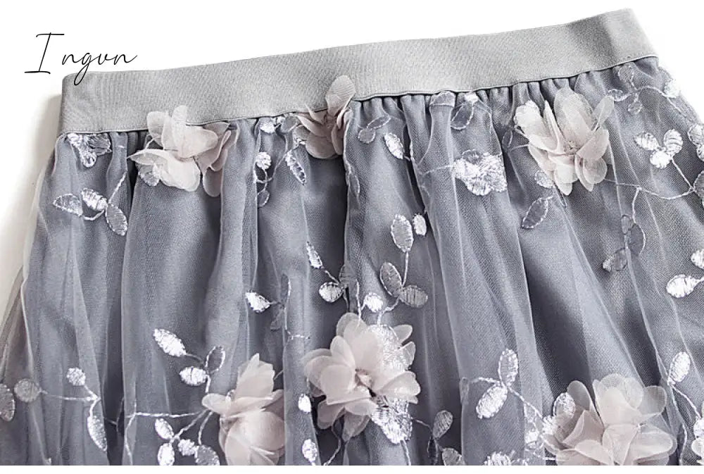 Ingvn - Luxury Woman Skirts Korean style Fashion Elastic Waist Appliques Embroidery Floral Mesh Skirt Long Gauze Ball Gown Skirt