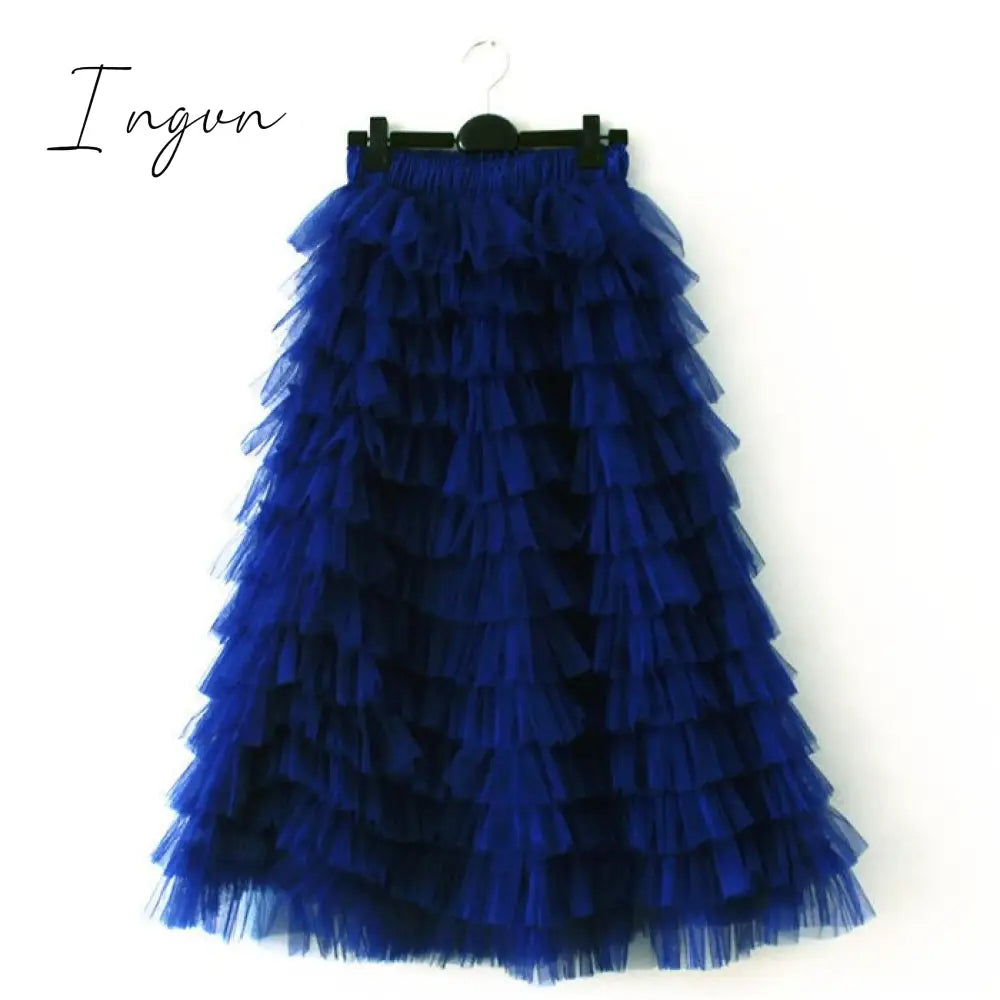 Ingvn - jupe femme Spring Party Skirt Elastic High Waist Long Tulle Skirt Women Multilayer ruffles Pink Mesh Tutu Skirt Ladies