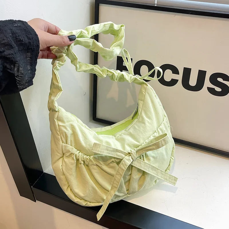 Ingvn  Popular Preppy Style Nylon Bow Hobo Bag Women Cute Pretty Pleated Shoulder Crossbody Bag Drawstring Exquisite Shoulder Bag