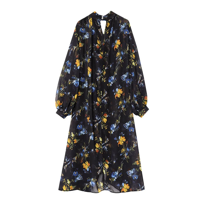 Floral Print Loose Midi Long Dresses Women Turtleneck Lantern Sleeve Boho Vestidos Spring Summer Lady Vacation Dress