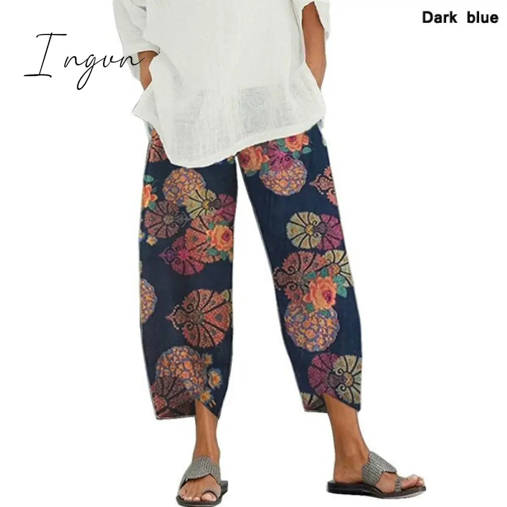 Ingvn - Vintage Harem Pants Women Casual Loose Printed Elastic Waist Cotton Linen Wide Leg Pants Summer Irregular Pantalon Cropped Pants