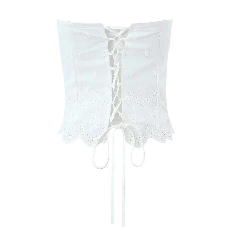Women Hollow Out Embroidery White Strapless Top Sexy Backless Lacing Up Back Holiday Summer Crop Top Cotton