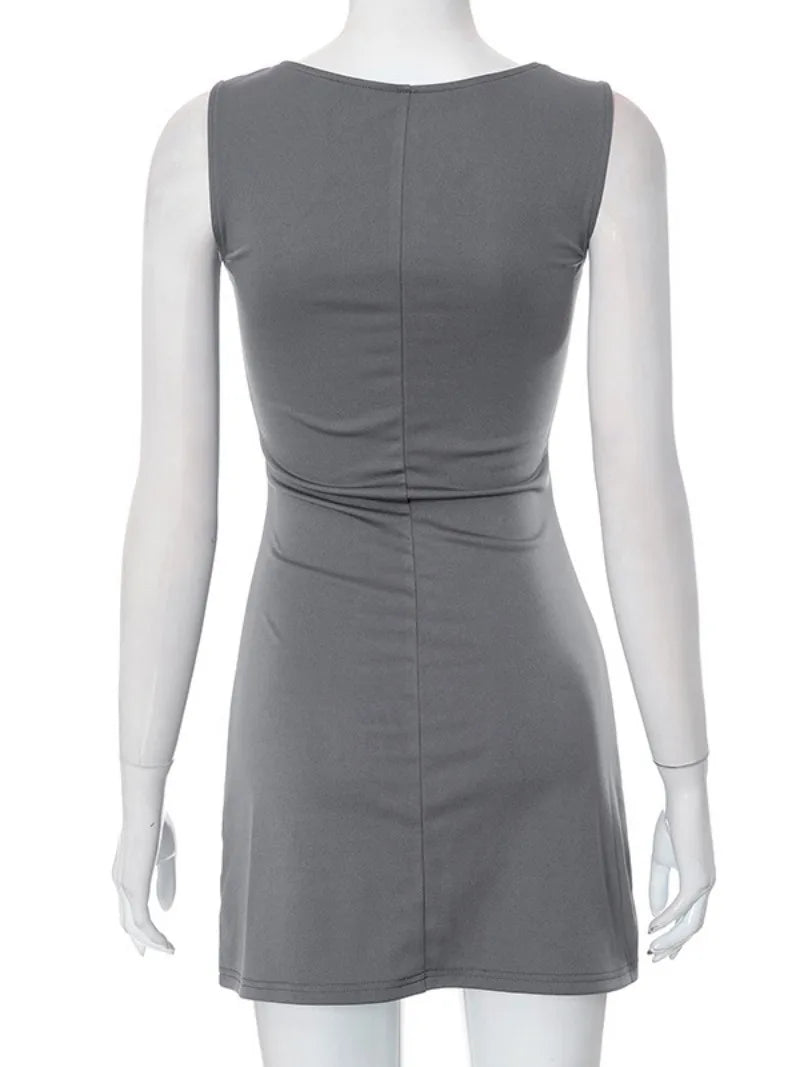 Ingvn  Fashion Casual O-neck Sleeveless Solid Gray Short Dresses for Women  Sexy Female High Waist Slit Fit Tank Dress Streetwear