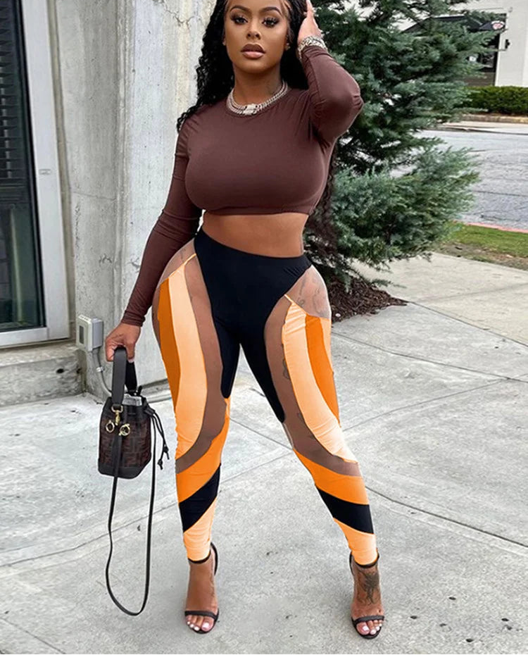 Mesh Patchwork Print Leggings Women Hipster Y2K Stitching Color Match Sheath Pants High Waist Body-Shaping High Streetwear