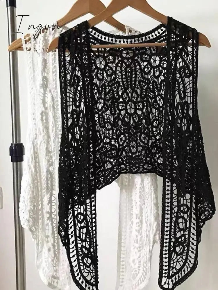 Ingvn - Asymmetric Open Stitch Cardigan Summer Beach Boho Hippie People Style Crochet Knit Embroidery Blouse sleeveless Vest