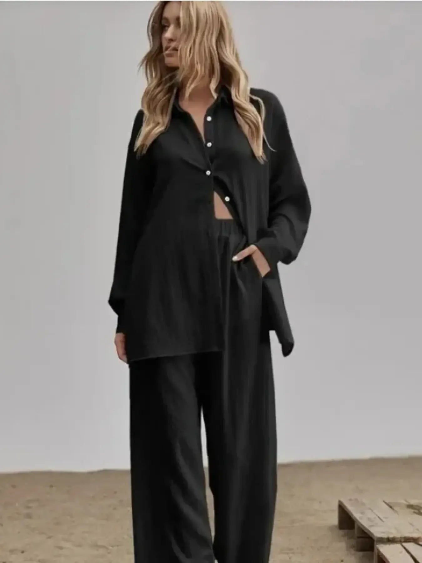 Button Up Long Sleeve Shirt and Pants Set