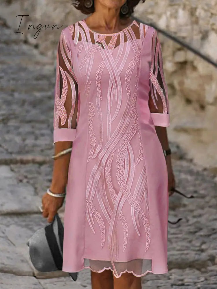 Ingvn - Fashion Trends Embroidered Dress Half Sleeve Casual Dress Sexy See-through Patchwork Lace Party Dress Women Fashion O Neck Loose Pullover Dress