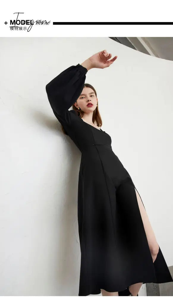 Ingvn - Black Retro Split Dress Women Elegant Midi Designer Dress Female Long Sleeve Hepburn Style Chiffon Vintage Dress Fall  Women
