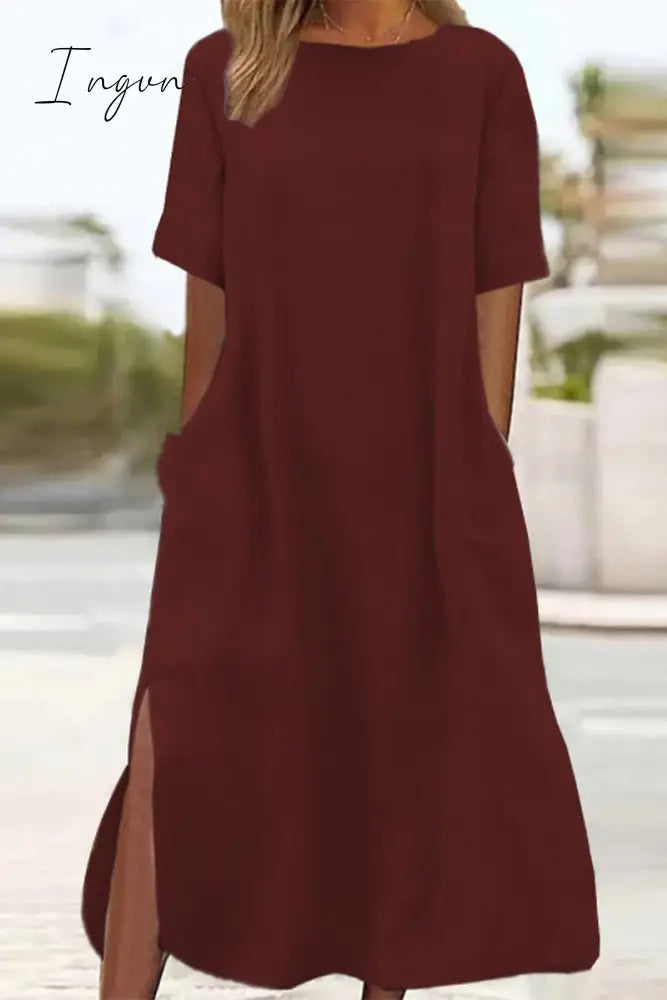 Ingvn - Casual Simplicity Leopard Pocket Slit O Neck Short Sleeve Dresses