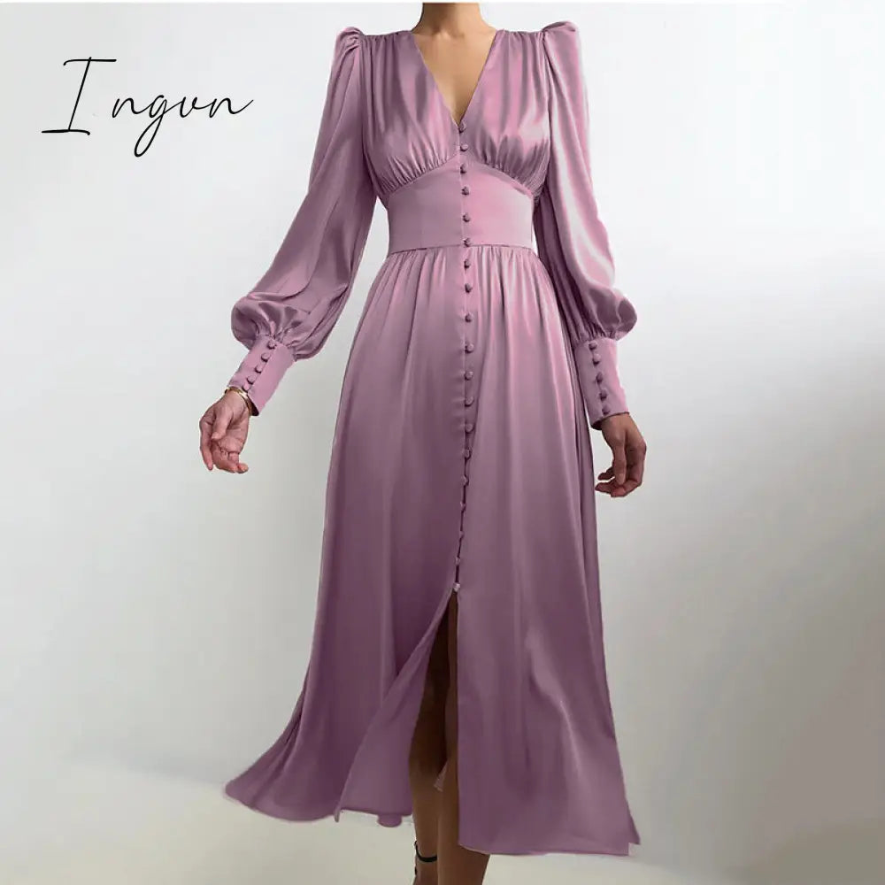 Ingvn - Elegant spring satin bishop sleeve a-line dress women V-neck high waist button dress solid Vintage long dresses chic