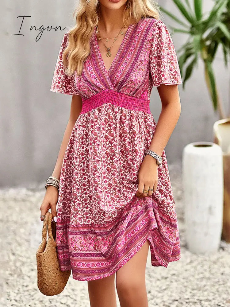 Ingvn - Floral Print Bohemian Style V-Neck Flutter Sleeve Dress