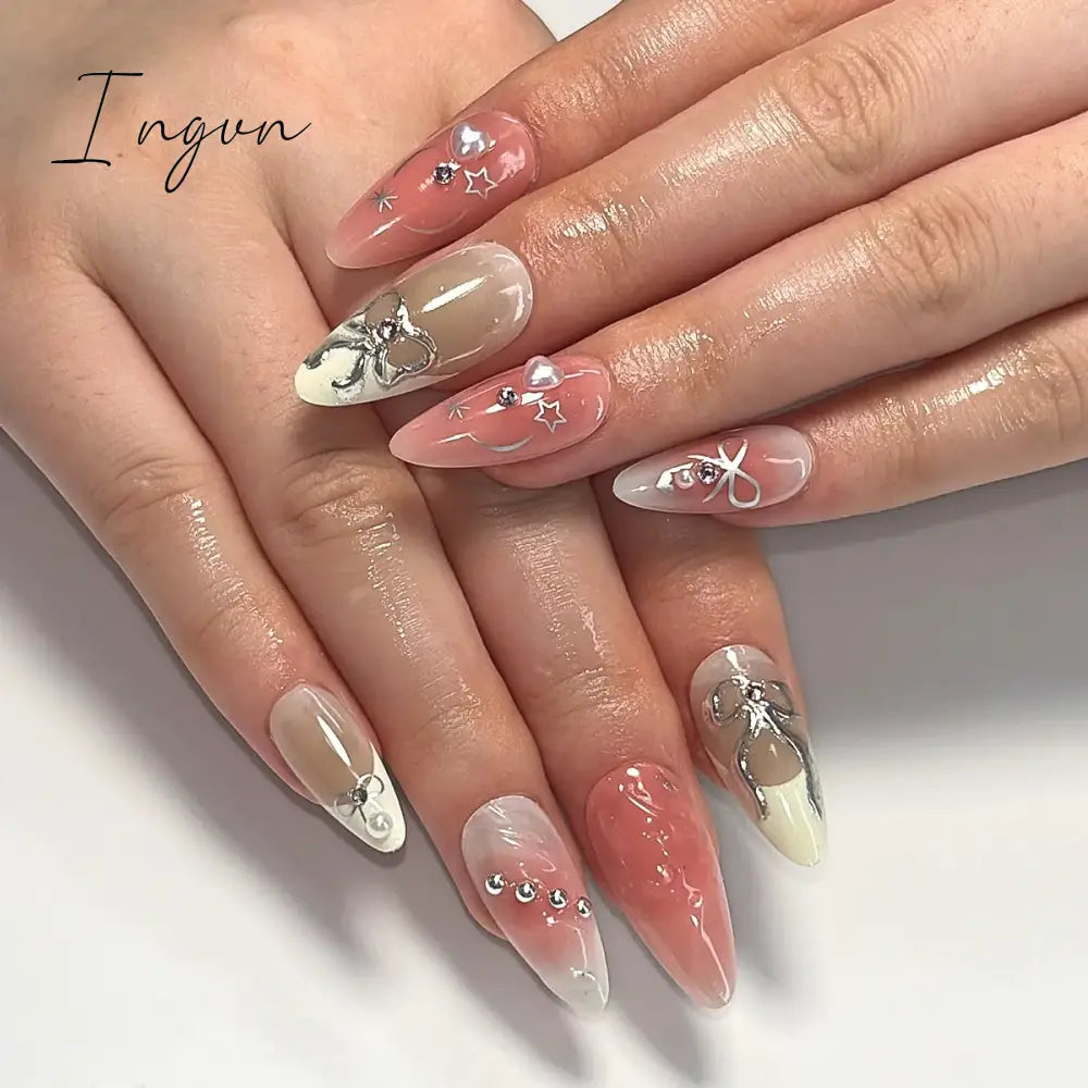 2024 New Ramadan Style False Nails with Gold Moon Star Design Almond Red French Fake Nail Patch Full Cover Detachable Manicure