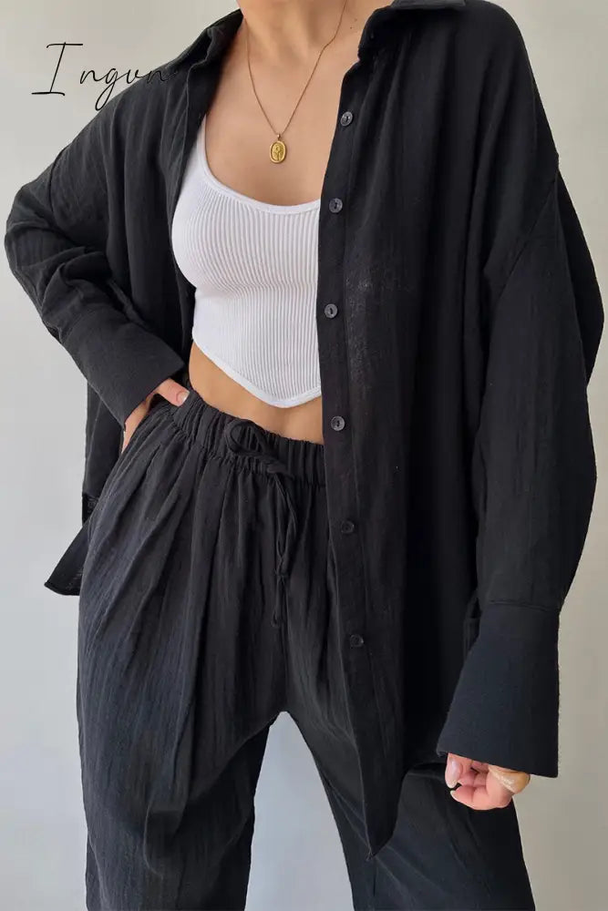 Ingvn - Daily Simplicity Solid Pocket Turndown Collar Long Sleeve Two Pieces