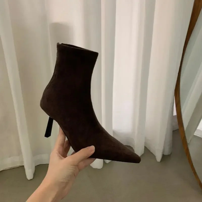 Women's Ankle Boots Pointed Toe New Autumn Women's Thin High Heels Women's Suede Solid Short Botines Chelsea Botte Femme
