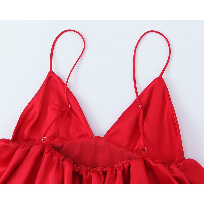 Women Puffy Hem Red Satin Camis Sexy Spaghetti Straps  V Neck Summer Tops Chic Party Streetwear Crop Top