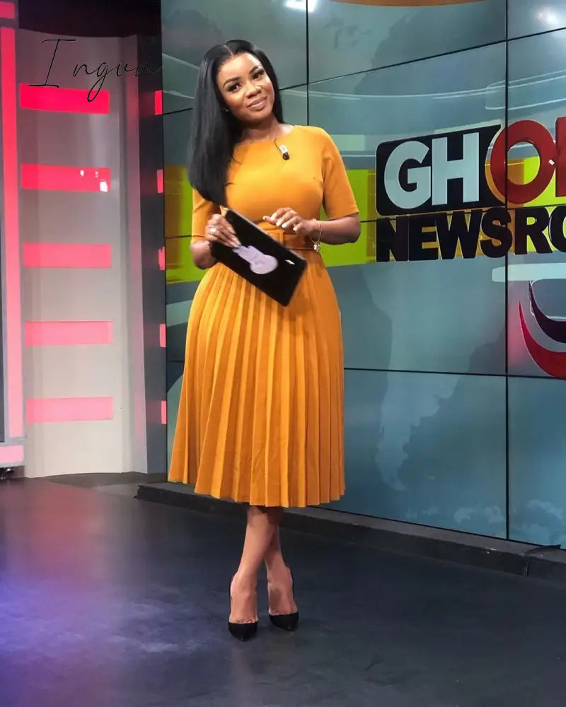 Ingvn - African Style Women Casual Belted Pleated Dress Elegant Chic Office Lady A-Line High Waist Dress Autumn Winter Fashion