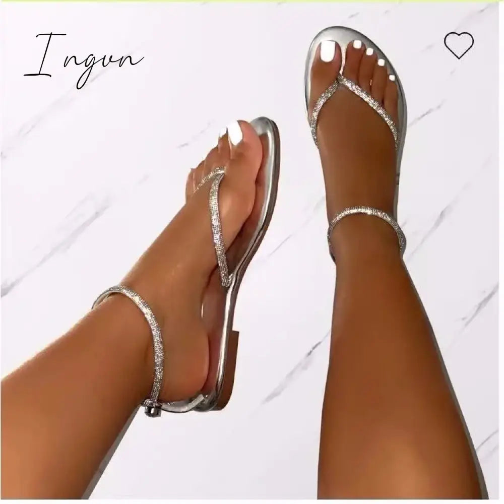 New Rhinestone Decor Toe Post Thong Flip-flops Women Slides Outdoor Non-slip Beach Sandals Summer New Women Slippers