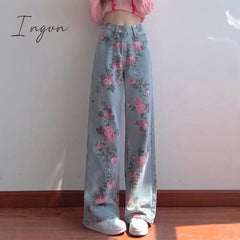 Ingvn - High Waist Flower Pattern Wide Leg Jeans Pants