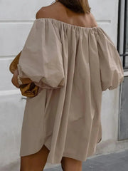 Ingvn  Sexy Slash Neck Off Shoulder Khaki Short Dress High Street Fashion Casual Woman Clothing Summer Puff Sleeve Solid Party Dresses