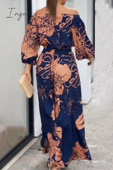 Ingvn - Street Elegant Floral Patchwork Off the Shoulder Long Sleeve Two Pieces