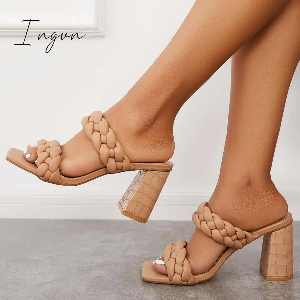 Ingvn - Square Toe Block High Heels Backless Slip on Mule Sandals