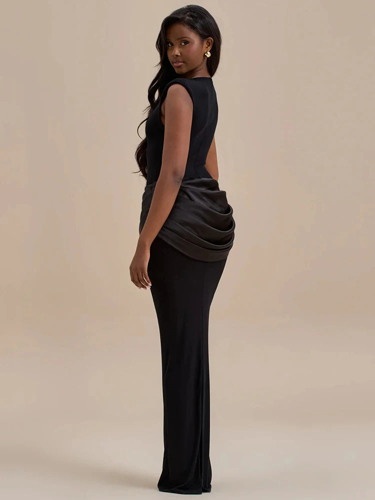 Sleeveless Ruched Sexy Maxi Dress For Women Gown Fashion Black O Neck High Waist Bodycon Club Party Long Dress Vestido