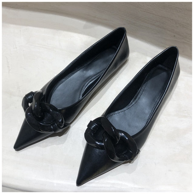 INGVN   Brand Design Chain Buckle Flat Shoes Women Flat Heel Ballet Pointed Toe Slip On Female Ballerina Casual Loafers