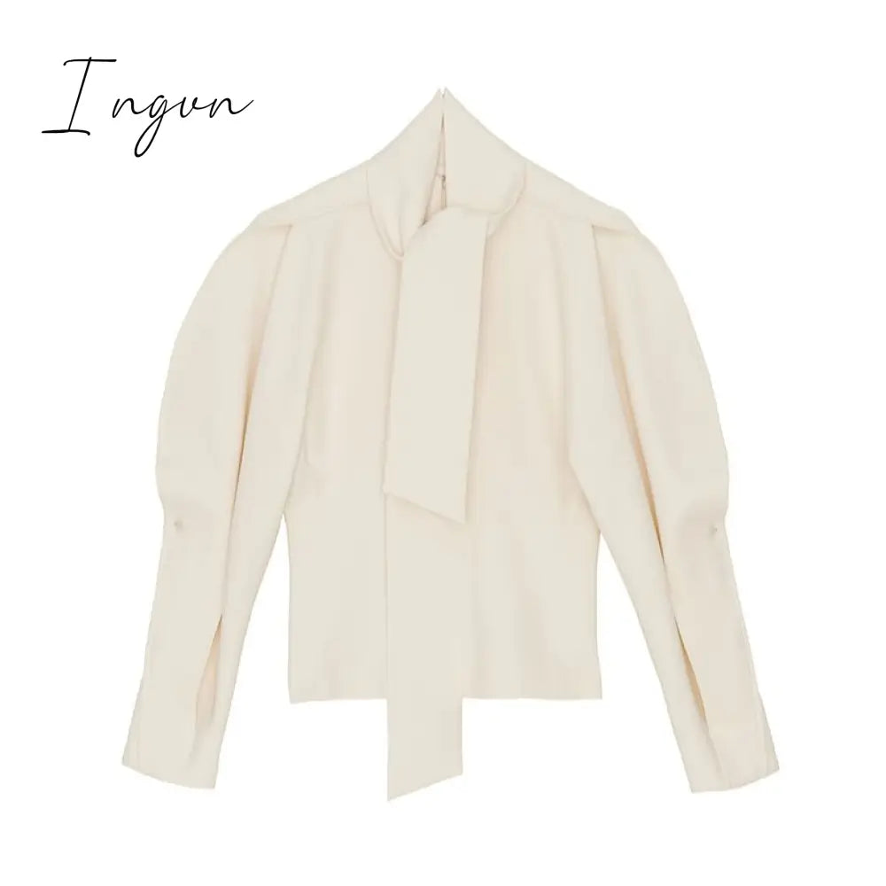 Ingvn - Women Scarf Collar Shirt Spring Summer New Lady Elegant Solid Color Casual Office Wear Shirt  Long Sleeve Top