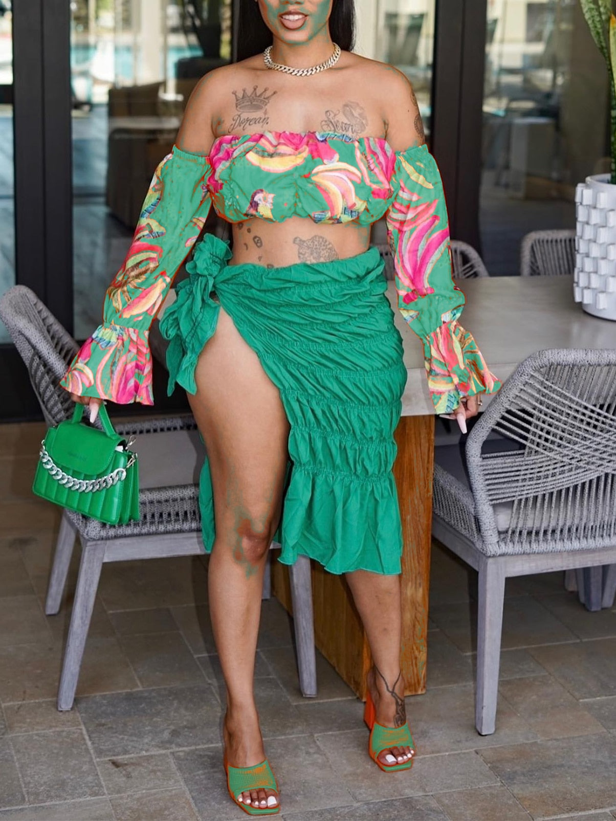 Summer Beach Style Two Piece Set Women Fashion Sexy Printed Off The Shoulder Tube Top Fold Lace-up Slit Skirt 2 Piece Suit Women