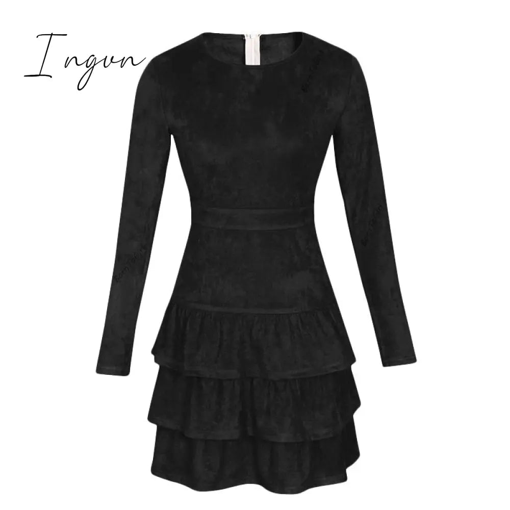 Ingvn - BornToGirl Woman Vintage Dress Spring Autumn Winter Women's Long Sleeve Black Brown Sky Blue Suede Dress robe femme