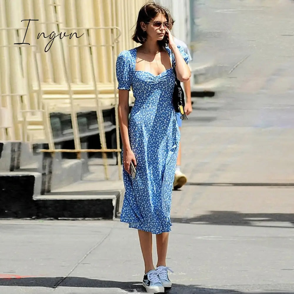 Ingvn - Women Summer Vintage Party Dress Lady France Style Puff Sleeve Floral Print Square Collar Side Split Midi Dress Vestido New