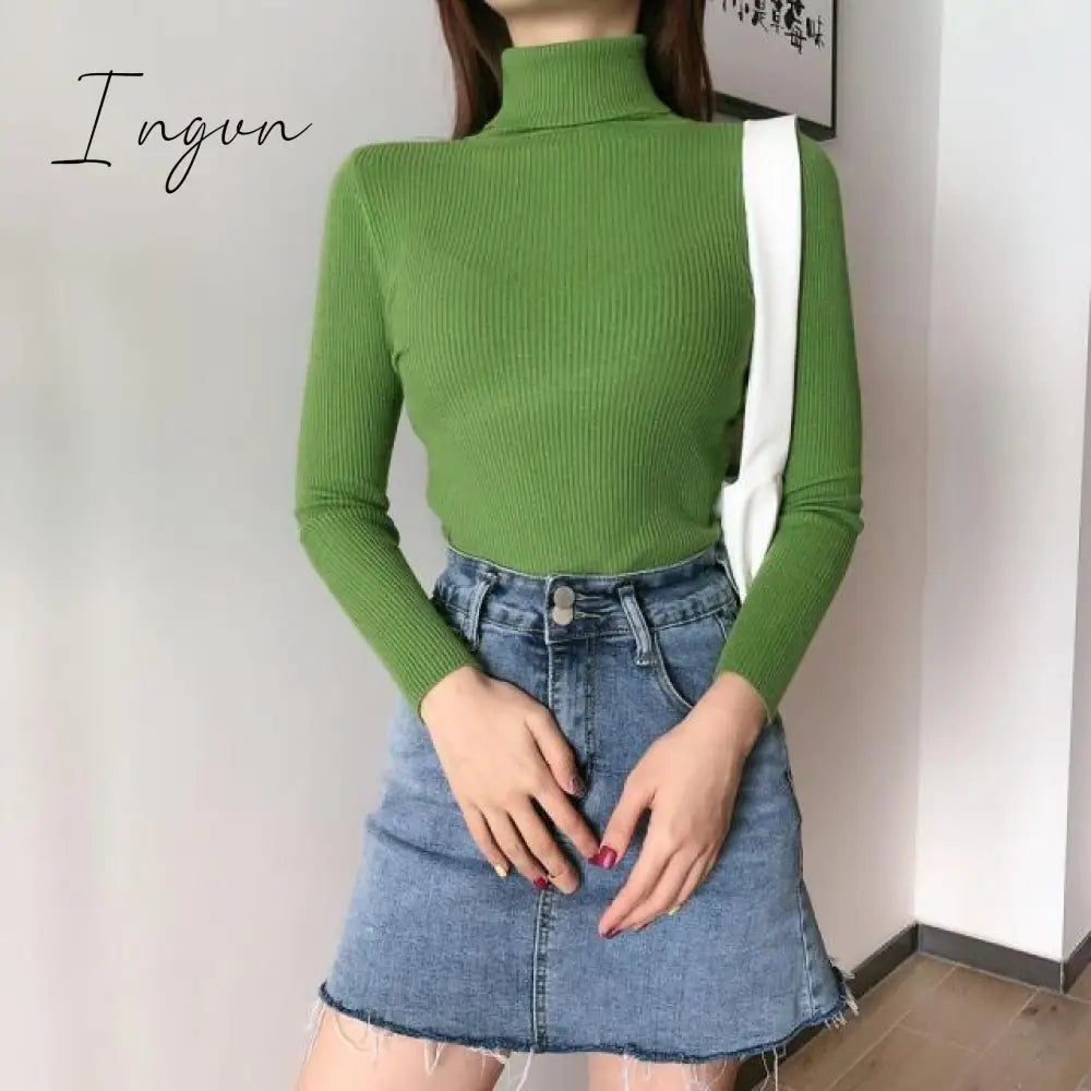 Ingvn - Autumn Winter Knitted Sweater Pullovers Turtleneck Sweater for Women Long Sleeve White Black Soft Female Jumper Clothing
