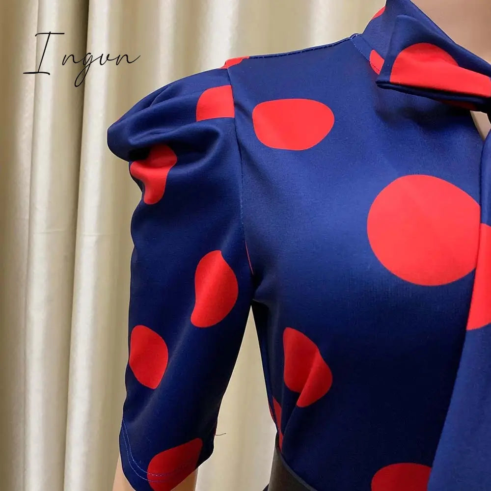Ingvn - Elegant Office Dresses for Ladies 2023 Business Dot Printed High Waisted Short Sleeve Mid Calf Fashion Work Wear Cloth Dress OL