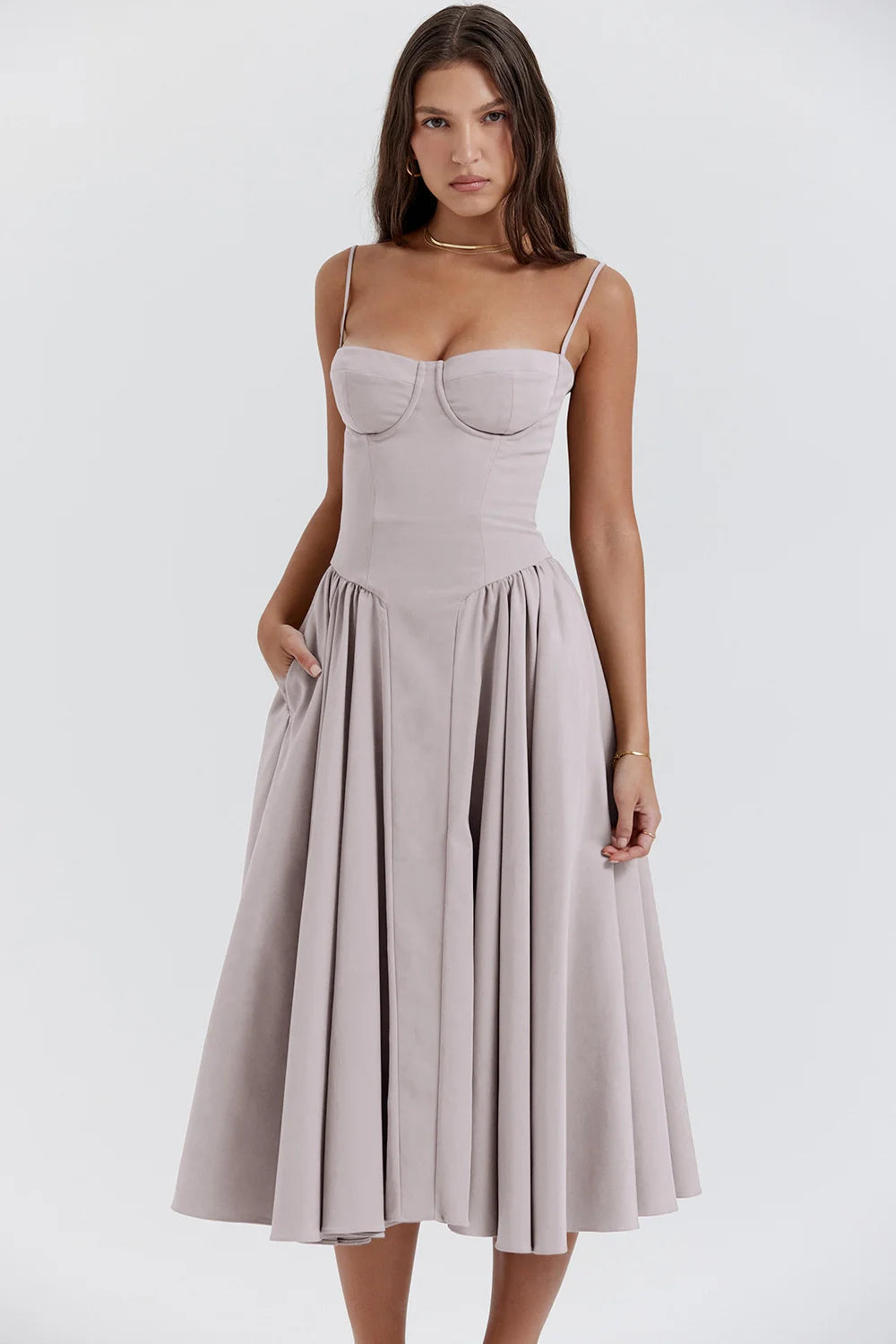 Elegant Women Dress Spaghetti Strap A-line Loose Midi Dresses Female Sleeveless Backless French Retro Long Dress
