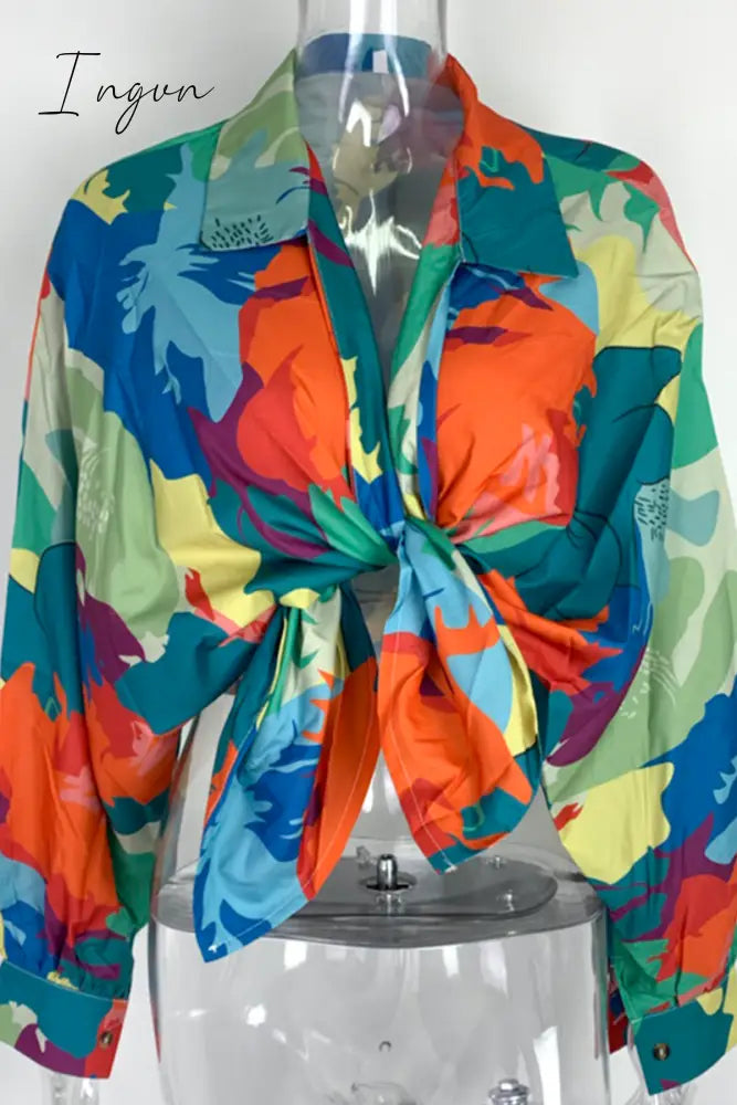 Ingvn - Casual Print Patchwork Turndown Collar Blouses(4 Colors)