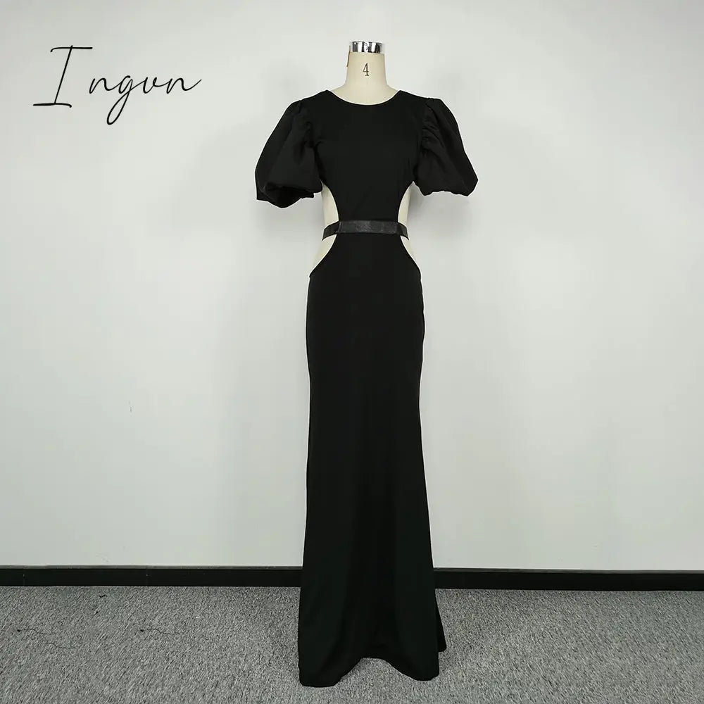 Ingvn - Summer Women's Dress Fashion Cut Out Backless Evening Sexy Night Club Party Black Puff Sleeve Celebrity Long Formal Dress