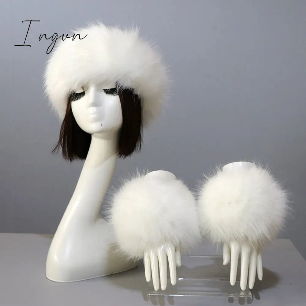 Ingvn - New Autumn Winter Caps Female Hats Cuffs Set Fashion Warmth Imitation Quality Design Faux Fur Hat Fox Fur Sleeves Suit Accessary