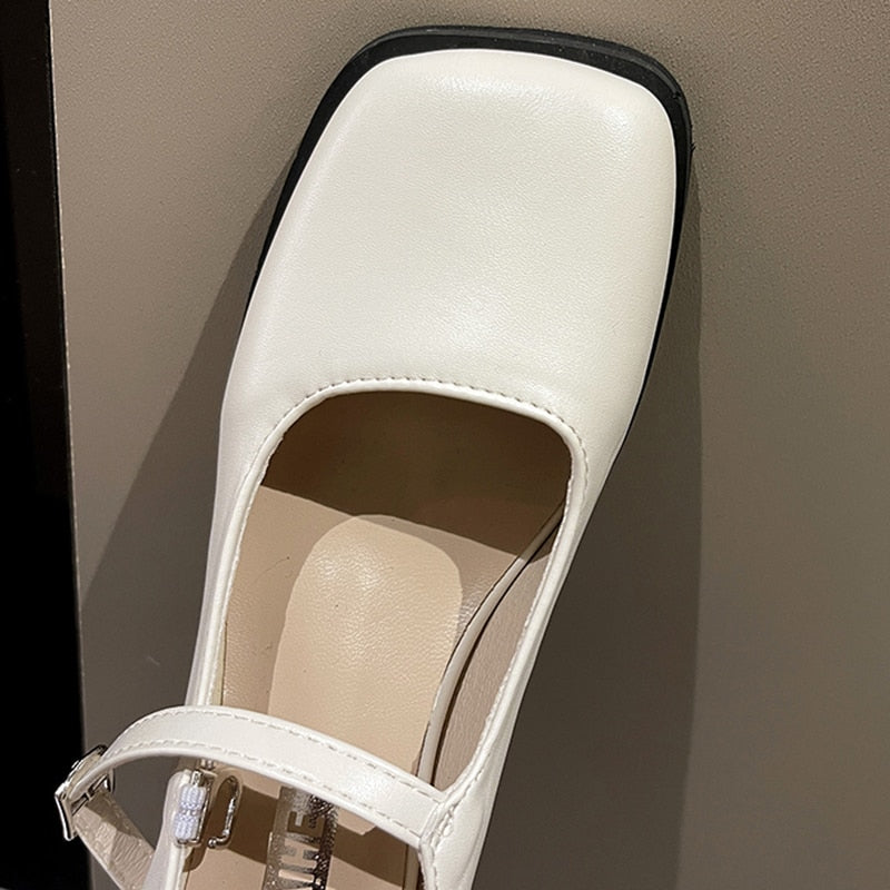 Rimocy Silver Thick Heels Mary Jane Shoes Women Buckle Strap Square Toe Pumps Woman Med Heele Patent Leather Shoes Female