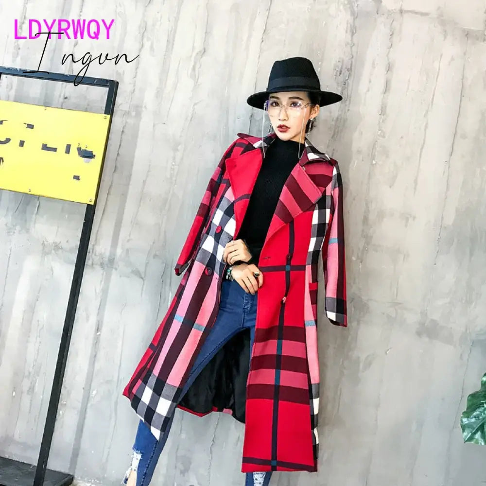 Ingvn - Thickened autumn and winter new women's lapels in the long simple color matching retro plaid coat temperament windbreaker