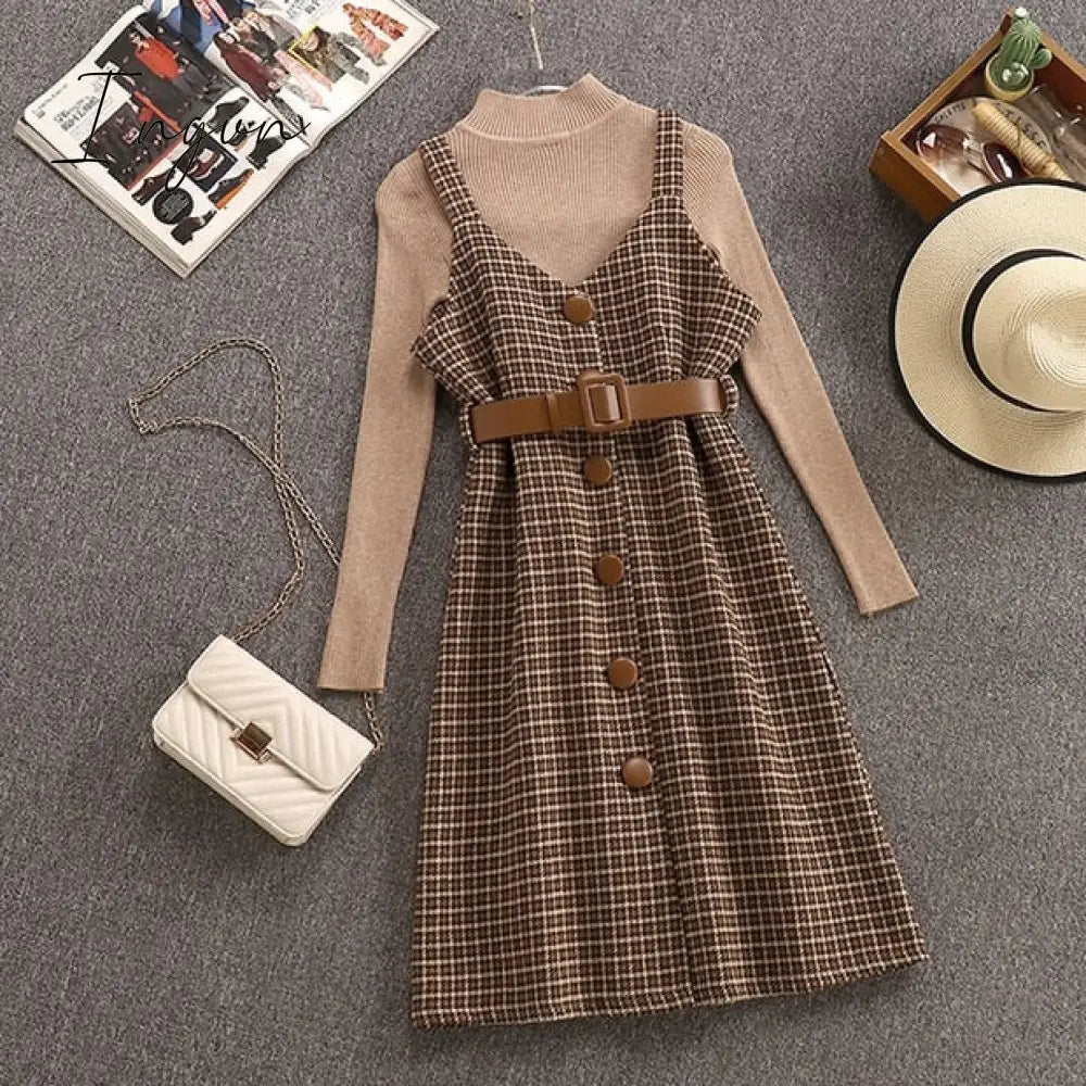 Ingvn - Valentine's Day gift for women Fashion Streetwear Two Piece Dress Women Autumn Winter Sweater wool Knee-Length Dresses With belt plus size Elegant party Dress vestidos