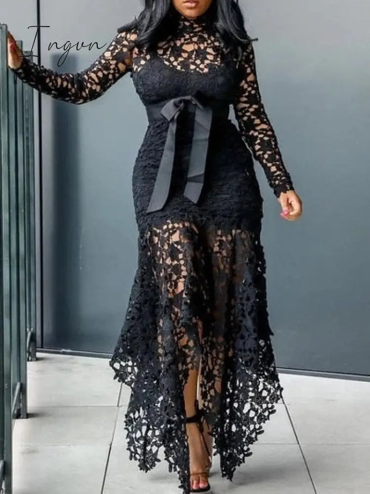 Ingvn - Slim Sexy Dress Women Spaghetti Straps Lace Mesh Perspective Party Fishtail Patchwork Midi Bodycon Plus Size Vestidos