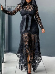 Ingvn - Slim Sexy Dress Women Spaghetti Straps Lace Mesh Perspective Party Fishtail Patchwork Midi Bodycon Plus Size Vestidos