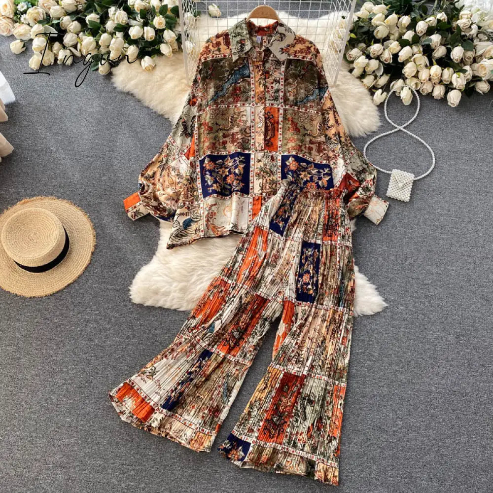 Ingvn - Women's Dress Spring Retro Print Casual Set Design Batwing Sleeve Single Breasted Blouse+High Waist Long Pants Two Piece Suits