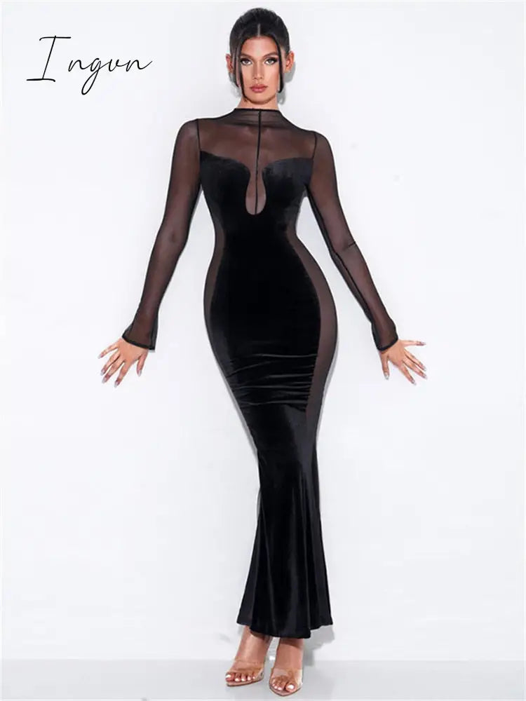 Ingvn - Womens Fall Fashion Mesh Patchwork O Neck Long Sleeve Maxi Dress Women Autumn Winter Elegant Sexy See Through Party Dresses Club Outfits