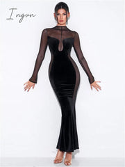 Ingvn - Womens Fall Fashion Mesh Patchwork O Neck Long Sleeve Maxi Dress Women Autumn Winter Elegant Sexy See Through Party Dresses Club Outfits