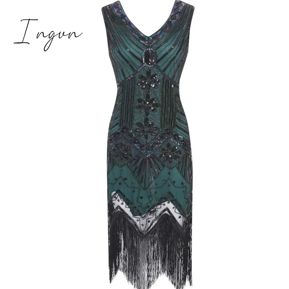 Ingvn - 1920s Vintage Flapper Great Gatsby Party Dress V-Neck Sleeveless Sequin Beaded style Style Tassel Flapper Vestidos Feminina 1920