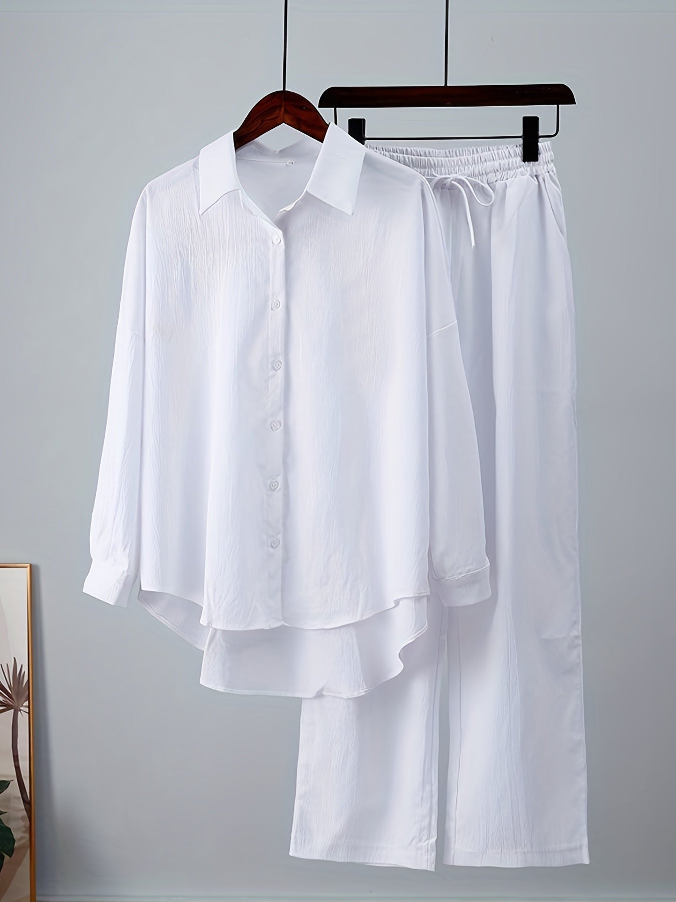 Plus Size Casual Outfits Two Piece Set, Women's Plus Solid Button Up Long Sleeve Turn Down Collar Blouse & Elastic Drawstring Wide Leg Pants Outfits 2 Piece Set