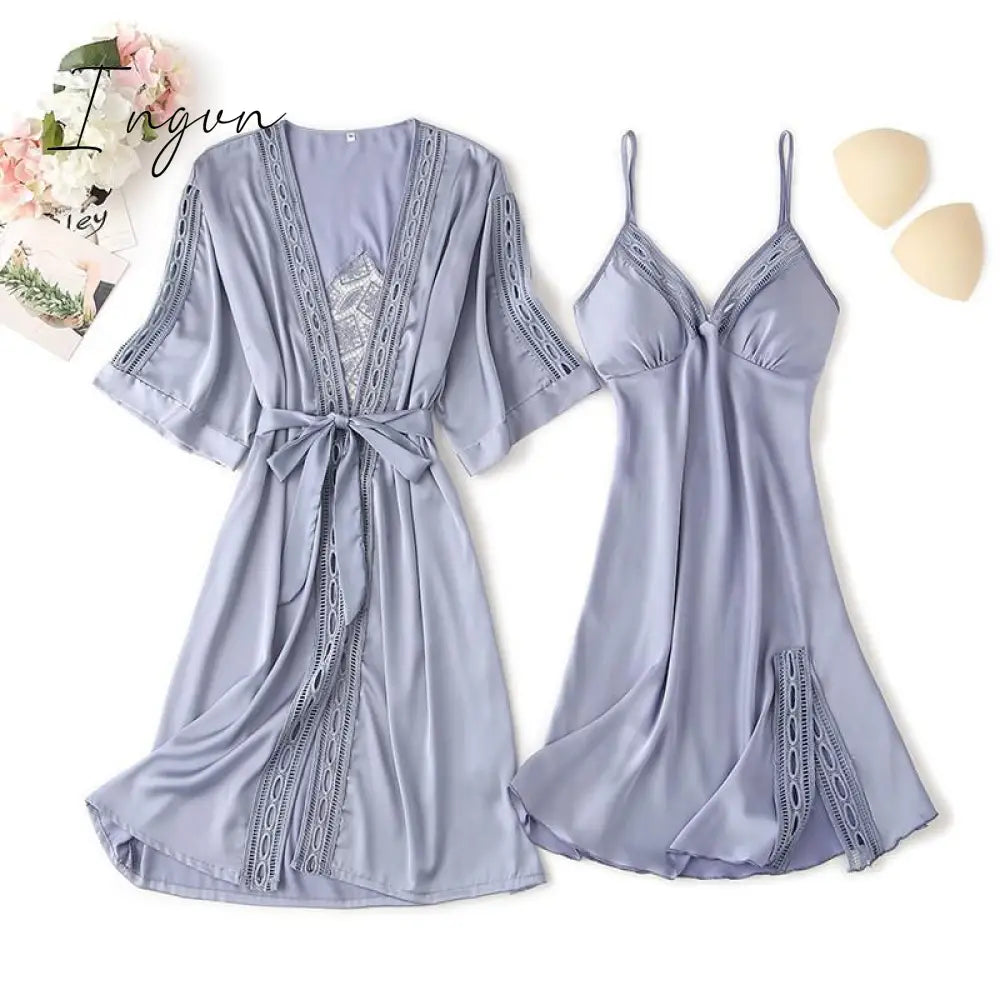 Ingvn - Lace Trim Sexy Wedding Lady Robe Suit Loose Satin Bride Bridesmaid Kimono Bathrobe Gown Mini Sleepwear Rayon Intimate Lingerie
