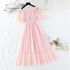 Ingvn - small daisies embroidery mesh dresses women sexy off the shoulder french vintage party ruffle dresses elegant vestidos