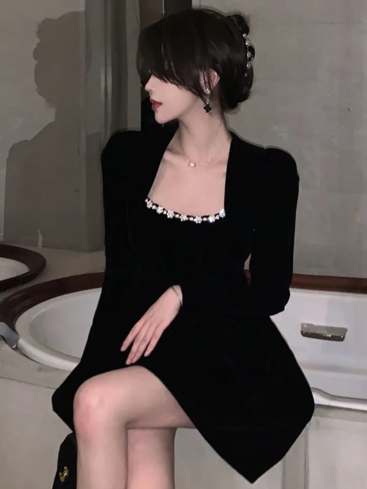 French Velvet Party Dress for Women Vintage Puff Sleeve A-Line Vestidos Robe Female One Piece Mini Birthday Evening Dresses New